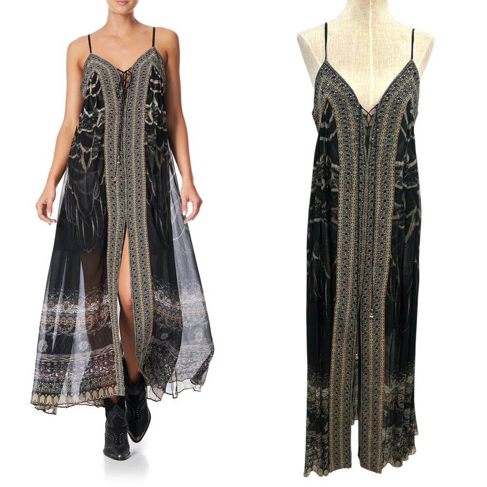 Camilla Lace Up Front Dress Maxi Under A Full Moon Print Black Size Small